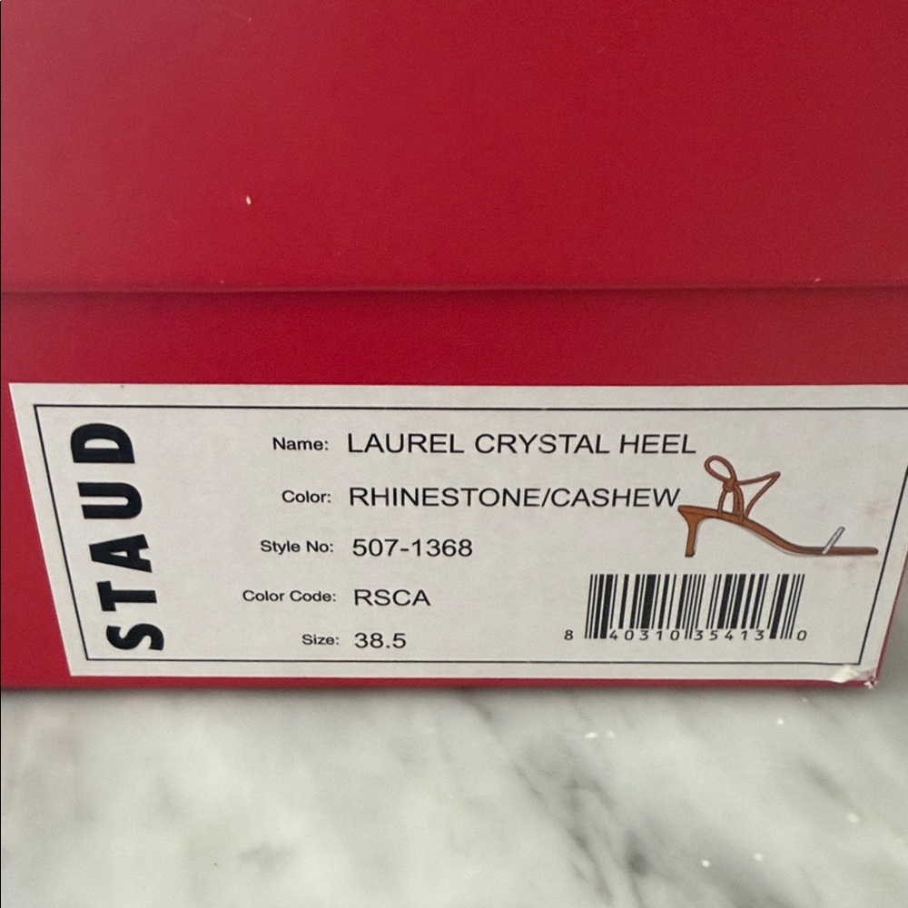 STAUD Tan Suede Strappy Heeled Sandals Rhinestone laurel Crystal heel size 38.5 - Picture 3 of 16